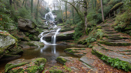 Serene waterfall cascading through a quiet forest in autumn's embrace