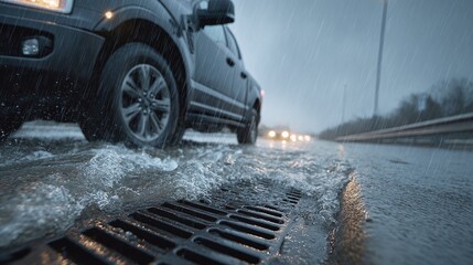 Car plowing through a flooded road on a rainy day. The vehicle is partially submerged, with water splashing over the road and into a roadside drain.