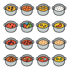 Flat cooking icon set featuring soup, stew, ingredients, spices, seasoning, cuisine, dishes, flavors, and broths