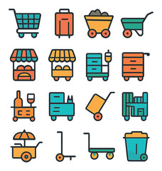 Linear shopping and delivery icon set featuring cart, suitcase, trolley, store, shelves, and trash symbols