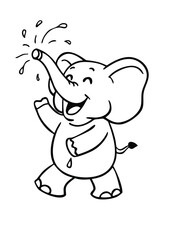 Cute Elephant Coloring Page for Kids. Simple Cartoon Animal Outline with Smiling Face Spraying Water