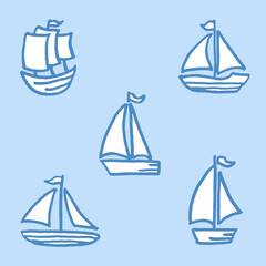 Vector illustration set of different freehand drawn cartoon sea ocean sail sailing ships boats transport made in kid childish style