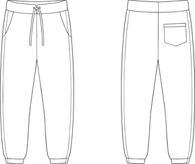 Technical flat sketch of casual jogger pants with front and back views, including drawstring waistband, pockets, and cuffed hems, fashion design illustration.