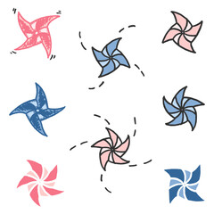 Vector illustration set of different freehand drawn cartoon paper pinwheels tracks made in kid childish style in red and blue colors