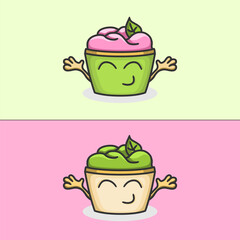 Vector illustration with two variations of funny smiling vegan vegetarian yogurt with face, hands and leaf.