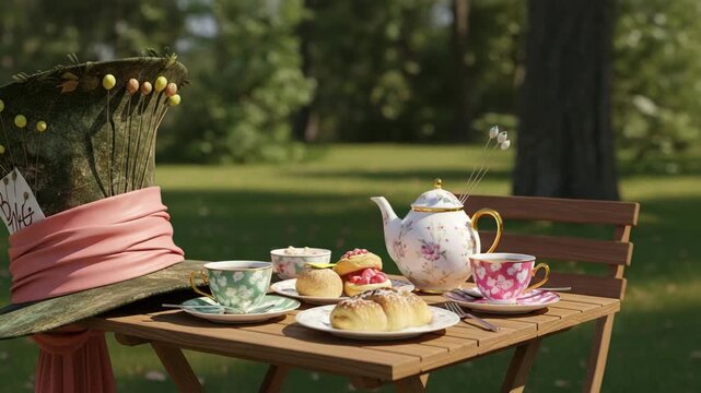 Whimsical tea table with Mad Hatter&rsquo;s hat, porcelain teapot, colorful cups, and pastries in a garden, symbolizing fantasy, charm, and storytelling