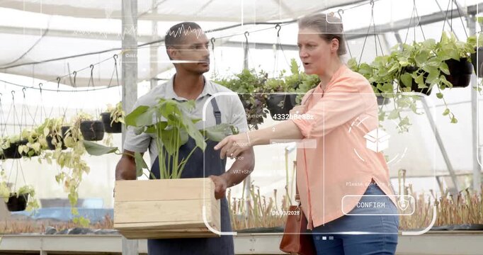 Greenhouse worker carrying crate and customer pointing while interactive cost map updating order