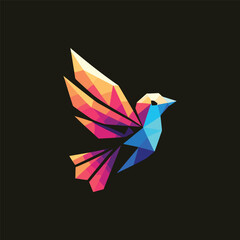 Colorful geometric bird illustration in flight against a dark background, showcasing vibrant hues