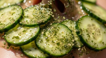 Fresh Cucumber Slices with Herbs and Oil in Close-up