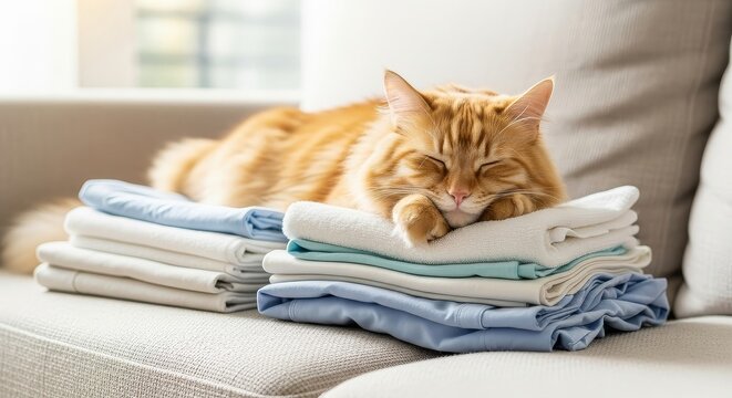 Relaxed ginger cat sleeping on folded laundry in sunlit room