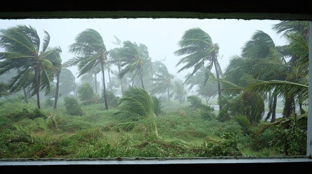 Hurricane hits tropical area. Palm trees are bent over from strong winds and heavy rain. Stormy weather with gray skies, seen through a window.
