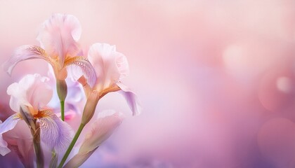 pastel iris flower background with dreamy pink haze and copy space