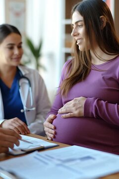 Une femme enceinte assise en consultation m&eacute;dicale, tenant son ventre rond avec tendresse, en pr&eacute;sence de m&eacute;decins qui l&rsquo;&eacute;coutent attentivement. Sc&egrave;ne illustrant le suivi pr&eacute;natal.