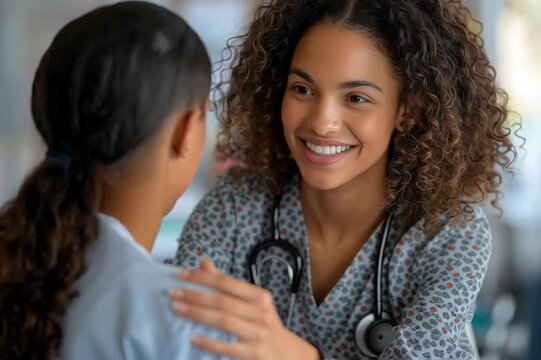 Jeune m&eacute;decin souriante f&eacute;licitant sa stagiaire en situation d&rsquo;autisme avec bienveillance dans un cadre m&eacute;dical professionnel
