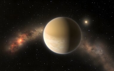 Naklejka premium Venus-like Exoplanet Orbiting Star in Space Nebula