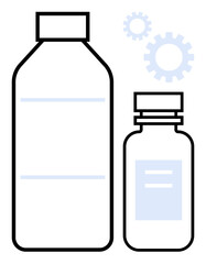 Two medicine bottles of different sizes in simple outline style with overlaying gear elements. Ideal for healthcare, pharmacy, product design, packaging, medical innovation, production process