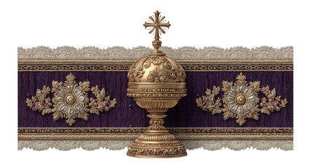 Obraz premium Ornate Golden Chalice on Decorative Fabric with Cross Isolated Background