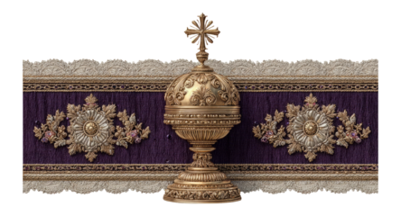 Ornate Golden Chalice on Decorative Fabric with Cross Isolated Background