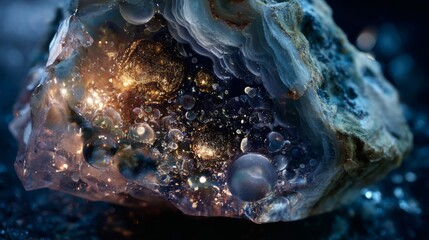 Translucent geode bursting with cosmic dust and glowing bubbles, capturing ancient atmosphere.
