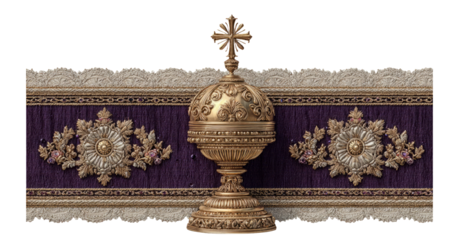 Ornate Golden Chalice on Decorative Fabric with Cross Isolated Background