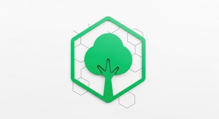 Green Tree Icon with Hexagonal Frame on White Background for Eco Friendly Technology