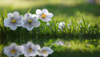 gray flowers reflect on a green grass backdrop creating a serene and harmonious image peaceful bloom