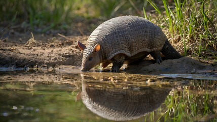 Obraz premium An armadillo pauses at the edge of a shallow stream, lowering its head to drink while keeping a wary eye on its surroundings