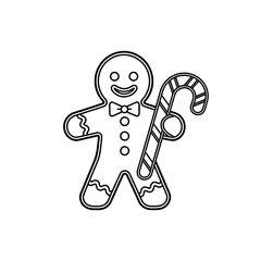 Outlined Gingerbread Man with Candy Cane Illustration