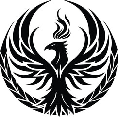 Obraz premium Black phoenix emblem with outstretched wings and laurel wreath symbol mythical
