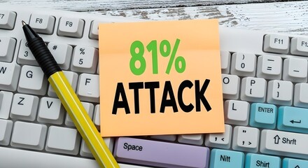 The image shows a sticky note on a keyboard that says '81% Attack', highlighting a potential security issue.