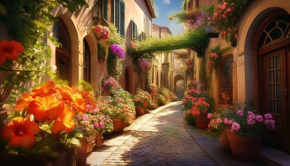 Fototapeta premium quaint european alleyway filled with flowers