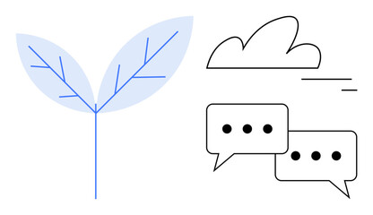 Plant with two blue leaves, cloud illustration, and two chat bubbles. Ideal for environment, sustainability, growth, connection, dialogue, communication teamwork simple landing page