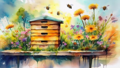 watercolor beehive buzzing with life evokes serene natural beauty