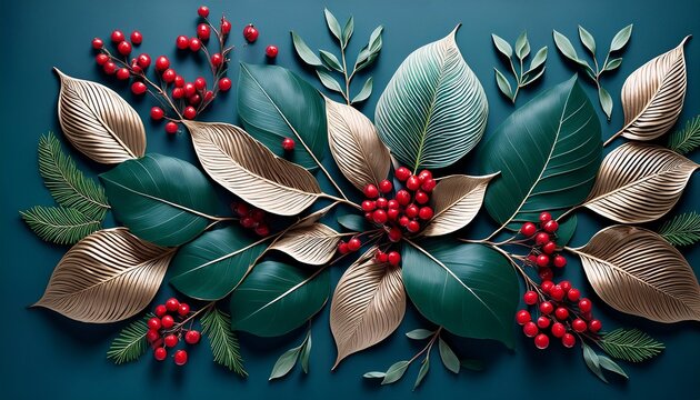 botanical elegance a harmonious arrangement of lush green leaves and vibrant red berries dances against a backdrop of deep teal this captivating scene showcases nature s timeless allure