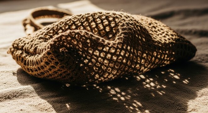 Natural Jute Bag with Open Weave Design on Sunlit Fabric Surface