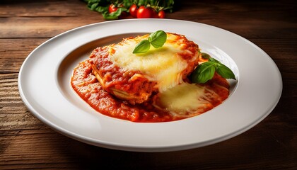parmegiana steak also known as filet parmegiana in a white plate on a rustic wooden background cheese and tomato sauce soft light angle view generative aii