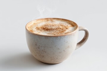 Hot beverage on white table; steam rises, background minimalist for menu promotion