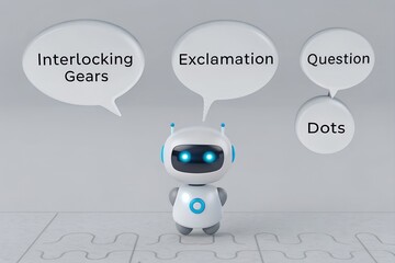 Puzzle Logic – Robotic Communication and Conceptual Symbolism, Technology, Conceptual, Interaction, Abstract, Cartoon Robot and Speech Bubble Scene