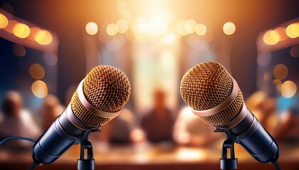 two microphones in focus podcast interview in soft focus background