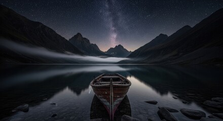 Night Mountain Lake with Wooden Boat Under Starry Sky in Tranquil Landscape