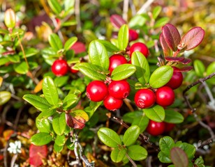 Obraz premium Red berries on green leaves (1)