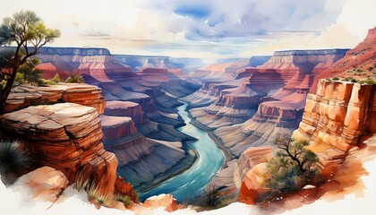 majestic grand canyon watercolor landscape of layered rock formations and river