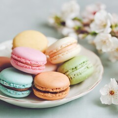Obraz premium Colorful Macarons on Plate with Cherry Blossoms, Pastel Background