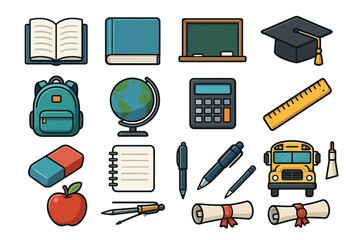 Colorful education icons: books, chalkboard, graduation cap, backpack, school bus, and more