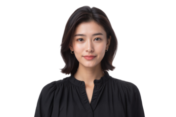 Stunning portrait of a beautiful Japanese woman with a friendly, confident smile, radiating positive and joyful emotions
