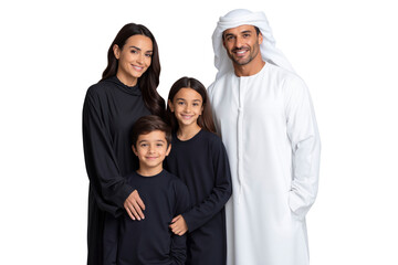 Beautiful Arab family, dressed in traditional attire, smiling and embracing, symbolizing unity, happiness, and cultural pride
