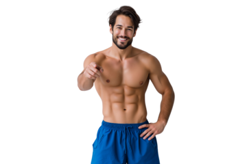Fit and confident man with a muscular physique, smiling and pointing at the camera