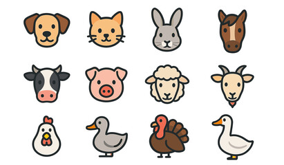 Cute farm and domestic animal faces: dog, cat, rabbit, horse, cow, pig, sheep, goat