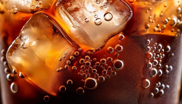 macro close up of ice cubes in caramel iced coffee with bubbles