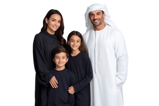 Beautiful Arab family, dressed in traditional attire, smiling and embracing, symbolizing unity, happiness, and cultural pride - Powered by Adobe